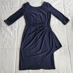 Alex Evenings Navy Long Sleeve Dress with Pearl Trim